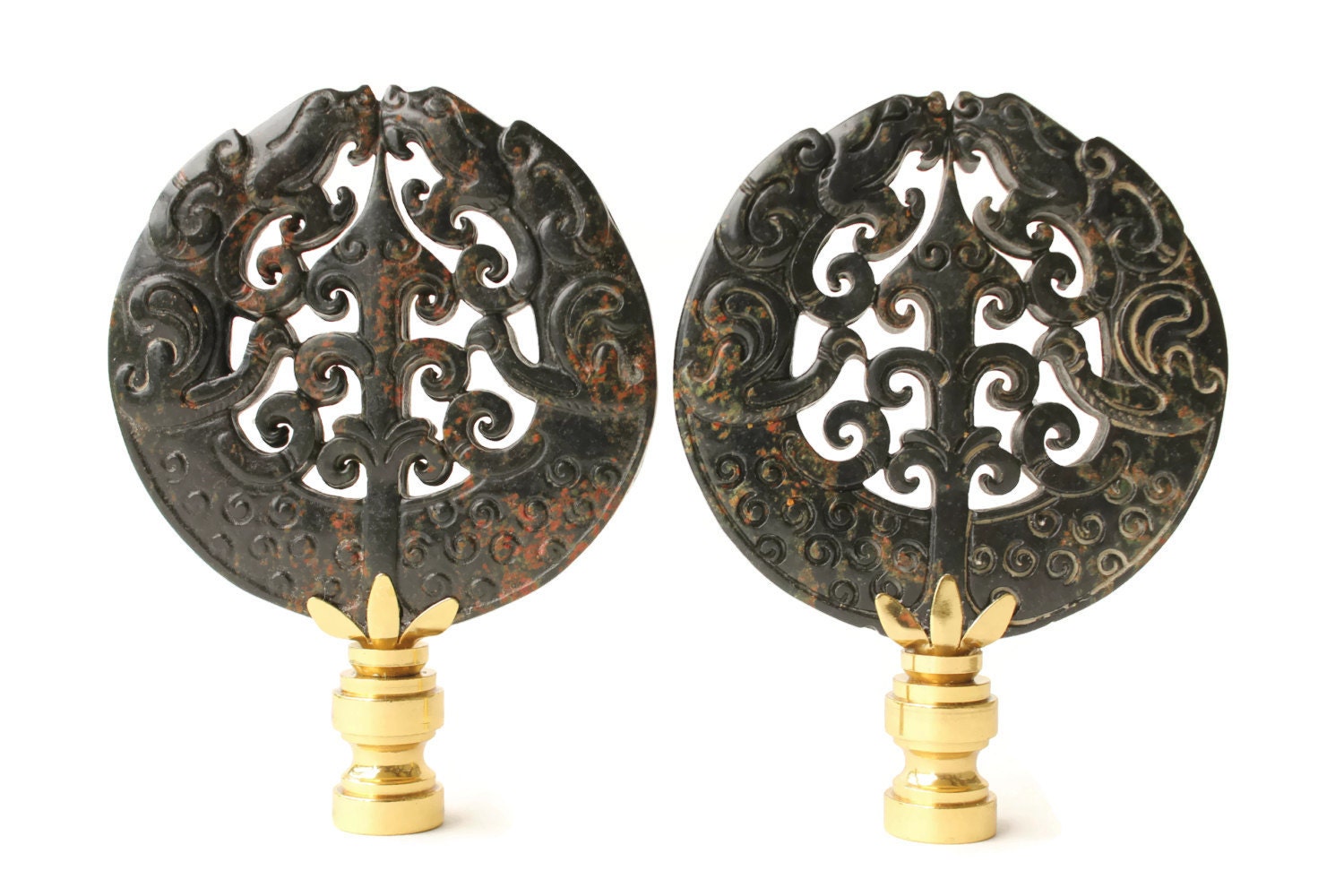 Asian Lamp Finials Carved Stone Dragons Black by PythagorasPlace