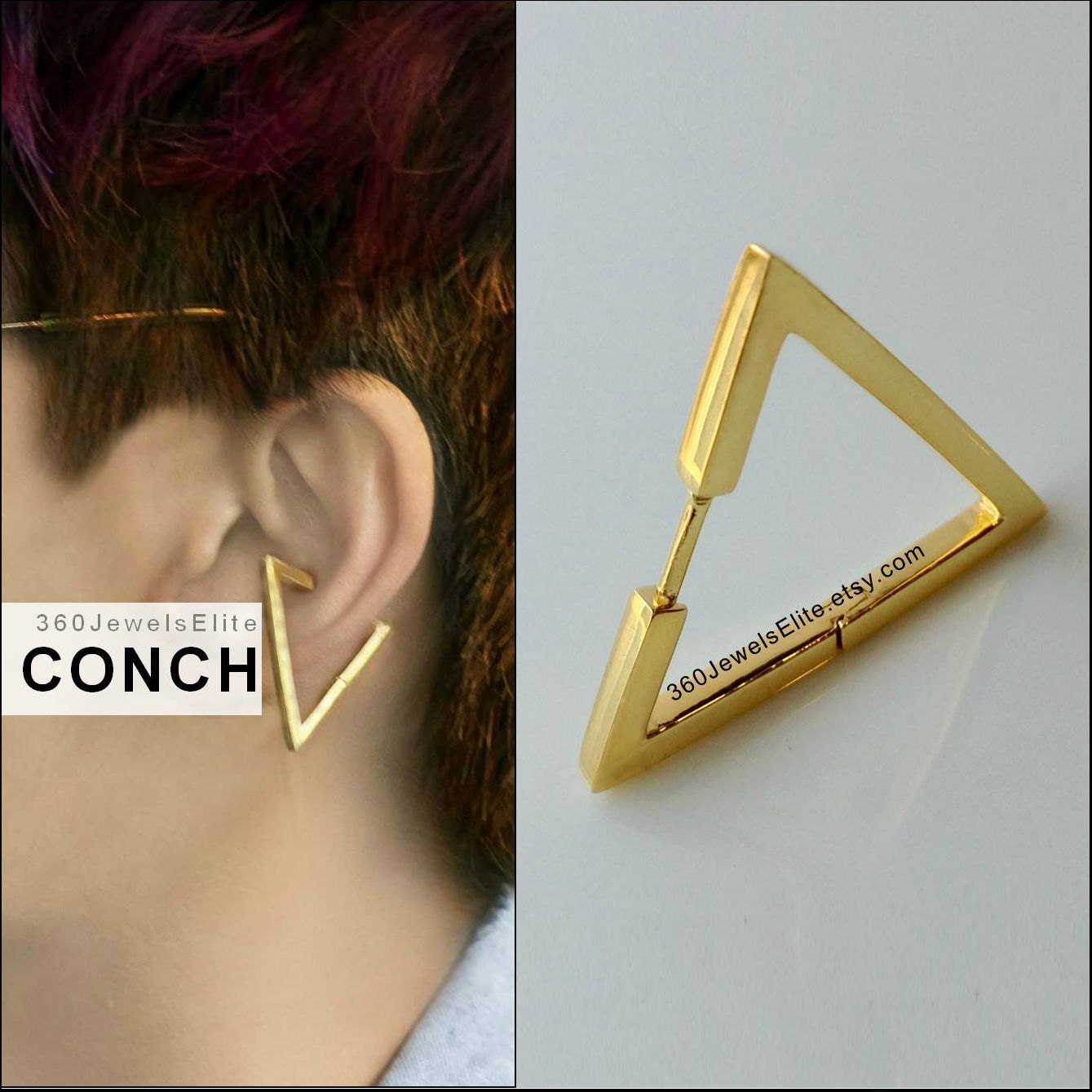 Gauge Conch Piercing Mens Earring Triangle Gold Plated over