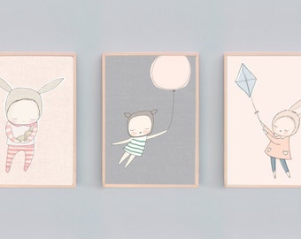 Whimsical Animal Nursery Art Prints, Set of 3 prints, Bear Nursery Decor, Rabbit Nursery Print, Deer Nursery Art, Peach, Grey, Mint - B