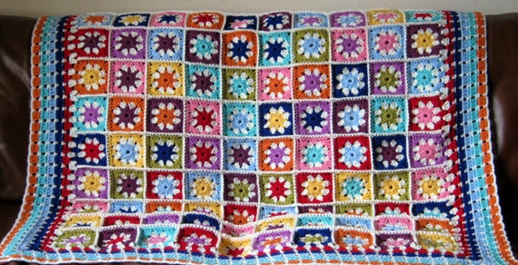 Daisy Blanket Granny Squares Crochet Afghan Sofa Throw