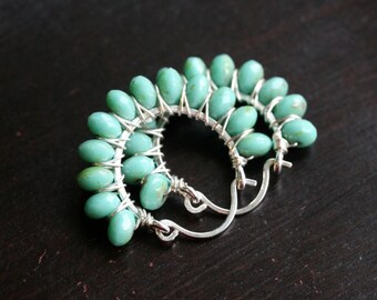Aqua green beaded hoops, sterling silver earrings, Czech glass beads, wire wrapped hoop, beaded, light aqua blue, Mimi Michele Jewelry