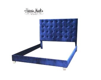 Tufted Bed Velvet Platform Low Profile Royal Navy Blue All Sizes Modern Bed Frame Upholstered Bed BY CUSTOM ORDER