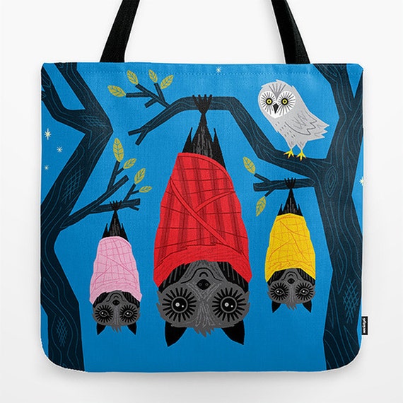 Bats in Blankets - Dark Blue - Childrens Tote Bag - Book Bag - Record bag - 18" x 18"