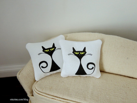 Retro black cat modern pillows set of two dollhouse