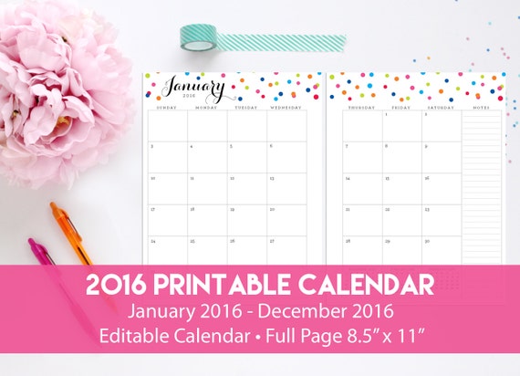 2016 Printable Calendar 2016 Editable Calendar Two by ...