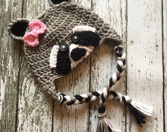Little Miss Raccoon Hat in Gray, Black and White Available in Newborn to 5 year Sizes- MADE TO ORDER