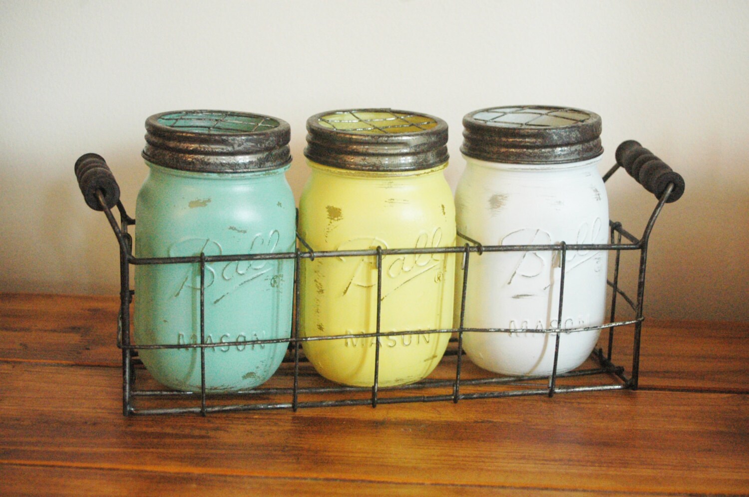 Mason jar wire caddy with 3 jars table by PineknobsAndCrickets