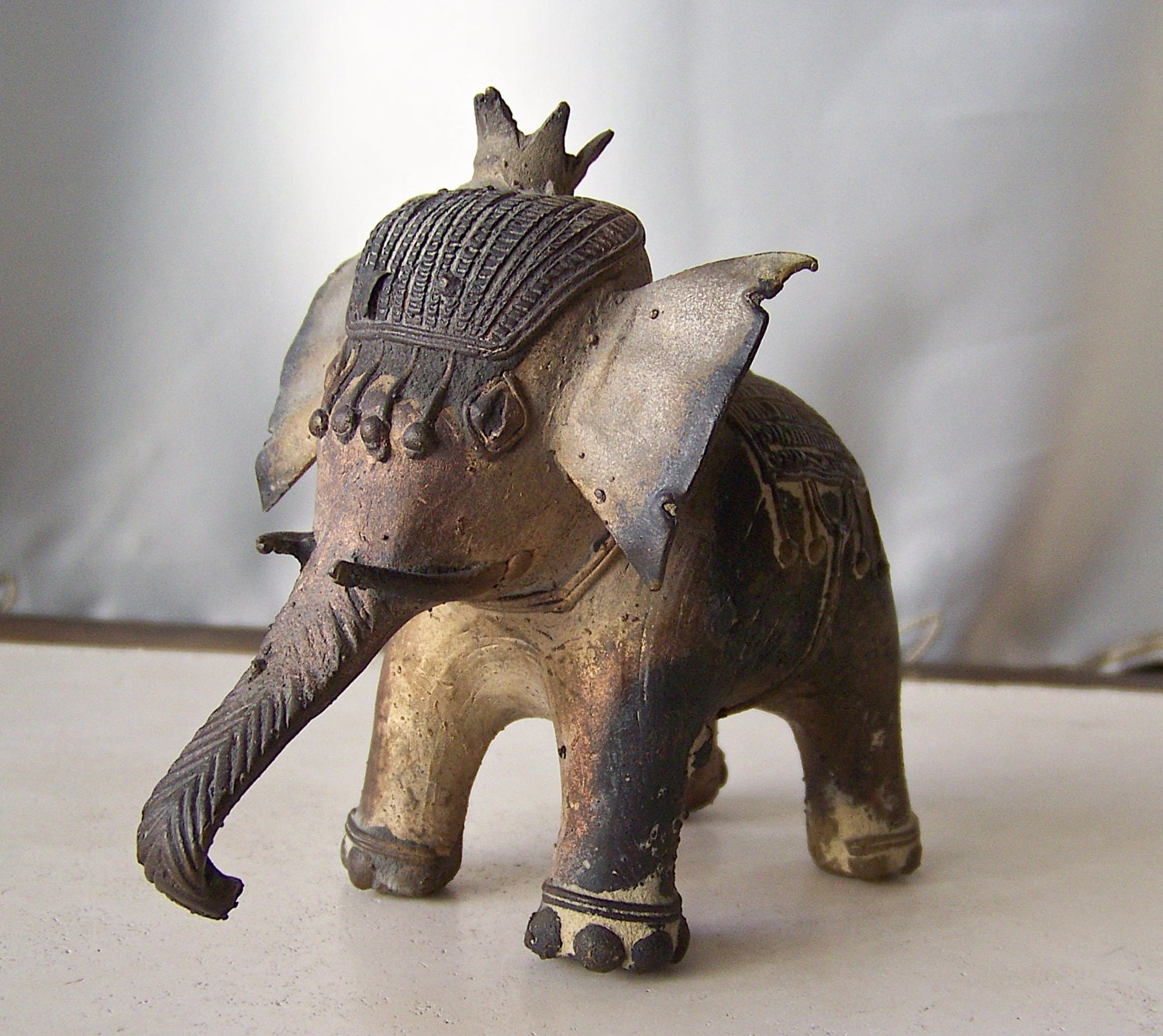 Vintage Bronze Elephant India Ornate Crowned Elephant Noble