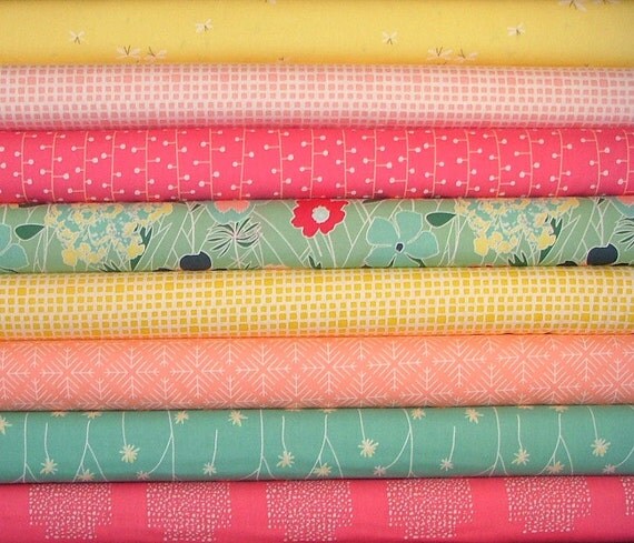 Curiosities Green Pink and Yellow Fat Quarter Bundle of 8 by