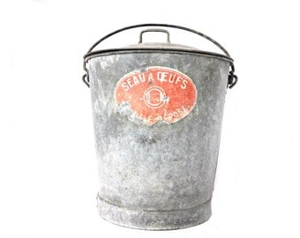 French Vintage Zinc bucket gathering pail with cover Extra large