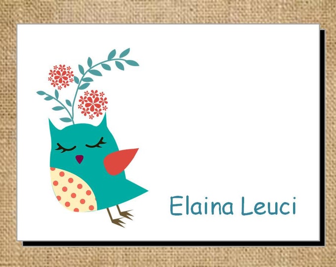 Set of Personalized Owl or Bird Folded Note Cards - Thank You Cards - Blank Cards - Stationery