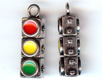 STOPLIGHT Charm. Silver Plated Enamel. 3D Traffic Stop Light. Semaphore. LARGE!