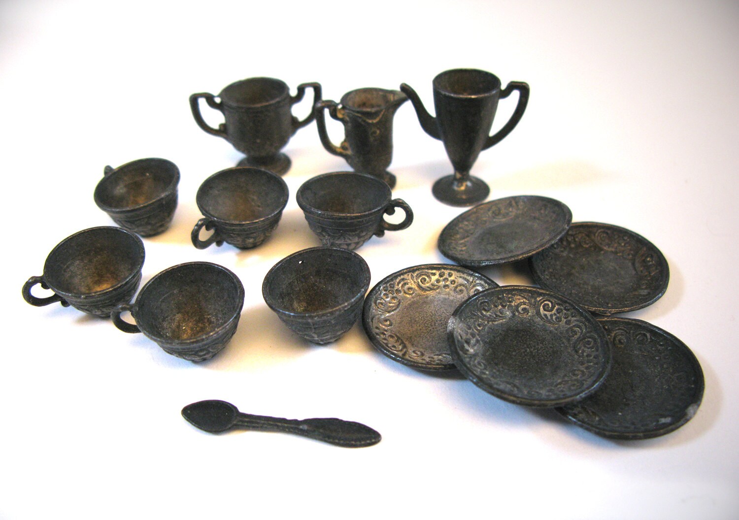 miniature pewter tea set