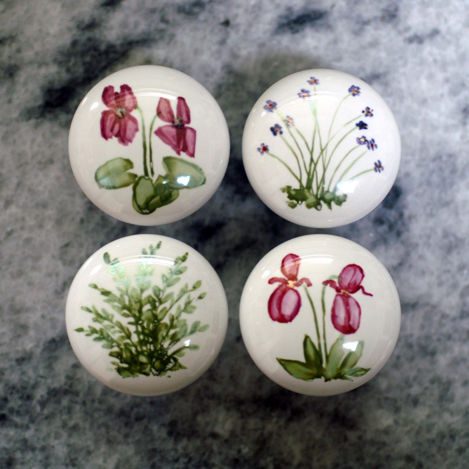 Hand painted woodland ceramic knobs Flowers are