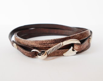 brown leather wrap bracelet, fish hook leather wrap, mens leather bracelet, unisex cuff, rocker style bracelet, gift for him