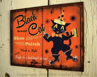 Halloween Folk art wood sign Black Cat primitive style vintage outdoor art