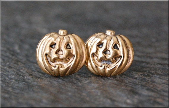 Pumpkin Earrings. Gold Jack o Lantern Post Earrings Brass
