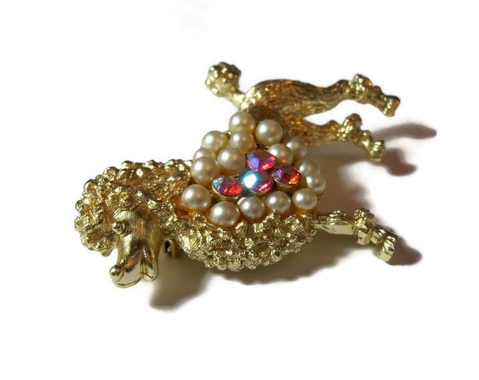 FREE SHIPPING Poodle brooch pin, light gold French poodle with pearls and pink aurora borealis (AB) rhinestones, statement brooch