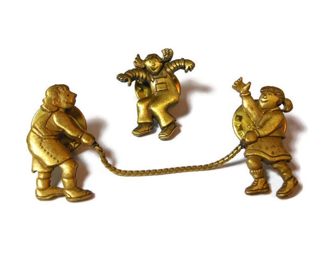 FREE SHIPPING JJ jump rope broochs, Jonette Jewelry, 3 girls playing hopscotch lapel pins, bronze color, three pins make one scene