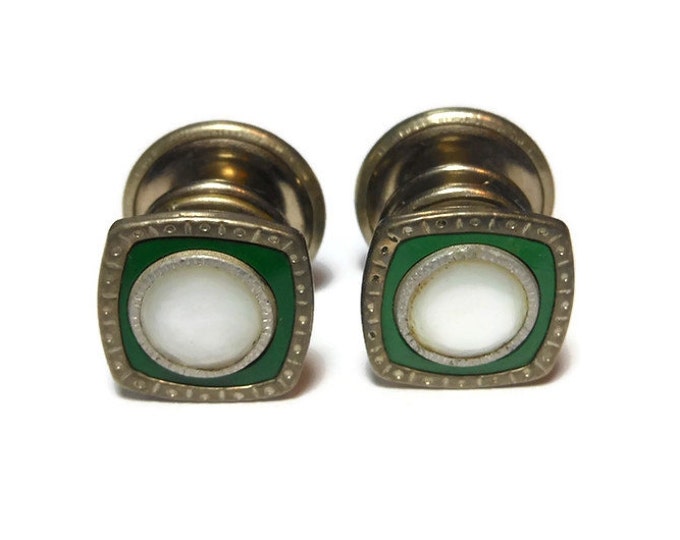 FREE SHIPPING Snap link cuff links, Art deco 1920s mother of pearl (MOP) cufflinks reversible sides green and blue, silver frame, Edwardian