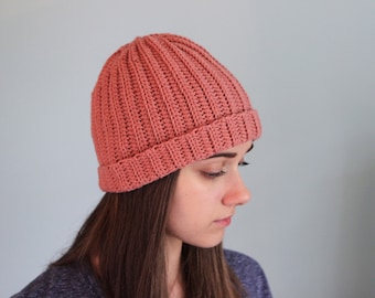 Crochet Wool Ribbed Beanie in Pink