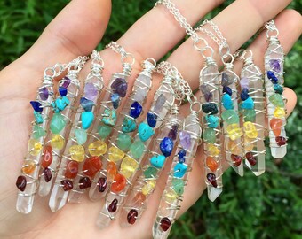 STERLING - CHAKRA Pendant Necklace - Garnet - Carnelian - Citrine - Lapis - Amazonite - Turquoise - Amethyst - Wire wrapped Quartz