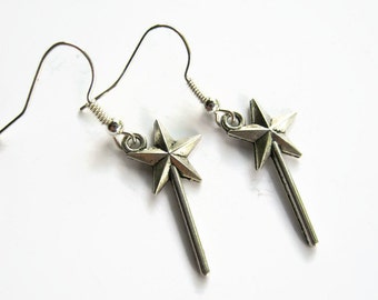 Fairy Wand Earrings, Magic Wand Earrings, Antiqued SILVER, Personalized Birthstone Jewelry, Fairy Godmother Earrings, Fantasy, READY To SHIP