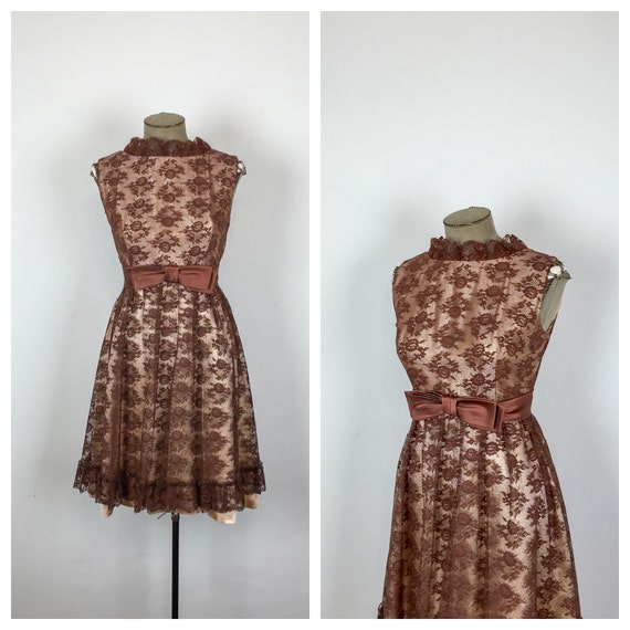 60s Brown Floral Lace Party Dress 1960s Lame Lined Fit and