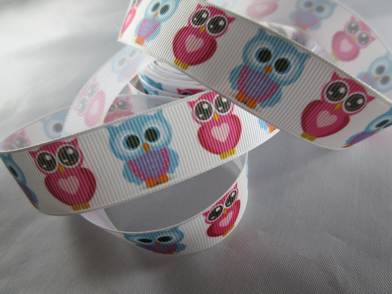 owl ribbon blue pink ribbon 7/8 Ribbon heart owl