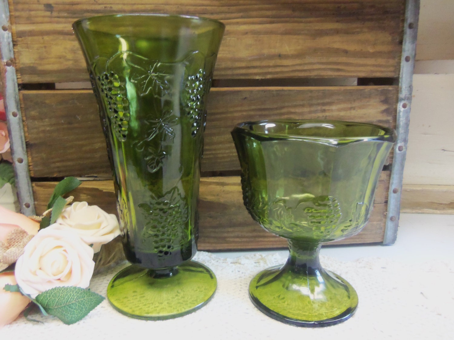 2 Vintage Green Grape Vine Pattern Vases Vintage Wedding Decor