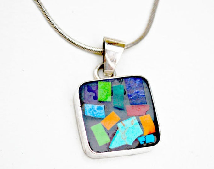 Gemstone inlay in sterling pendant on sterling silver chain Lapis Turquoise,Malachite