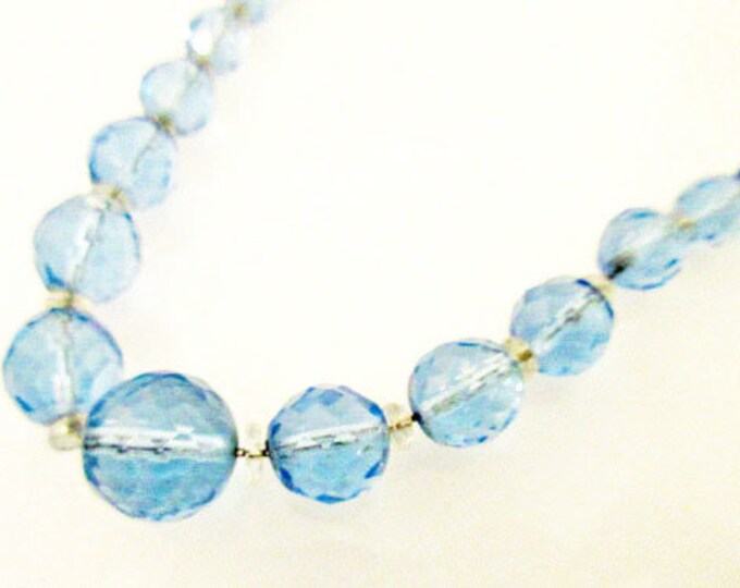 Graduated Bead Necklace Blue facet cut crystal glass Beads sterling silver clasp