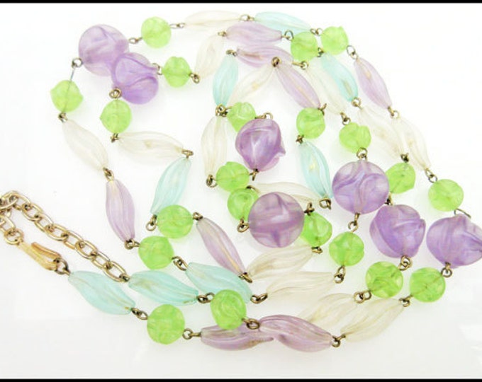 Trifari Lucite Bead Necklace purple pink blue and frosty white clear beads necklace