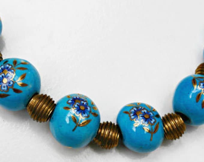 Brass and Blue Bead Necklace - Ceramic Blue - Floral flower Bead Boho