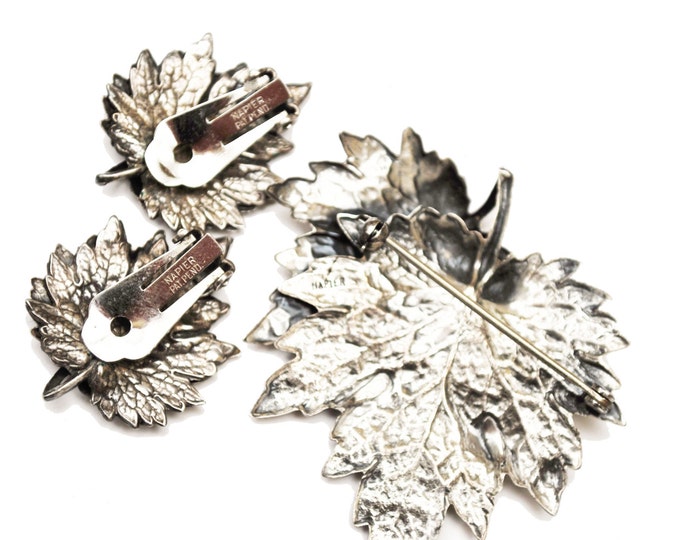 Leaf brooch and earring set - Napier Signed - Silver - clip on earrings -Mid Century