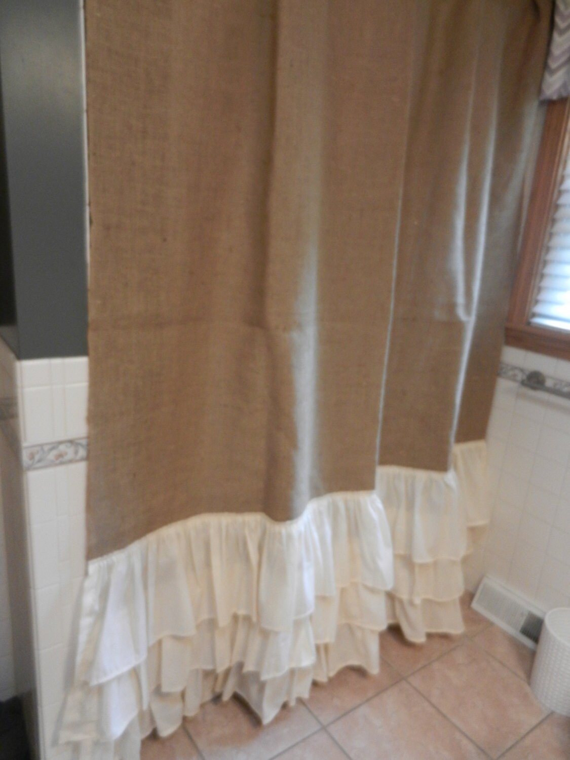 Burlap and Muslin Ruffled Shower Curtain.