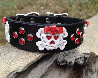 Cool custom Leather dog collar with white leather skulls with girly red patent leather bows and red rhinestones 1" band