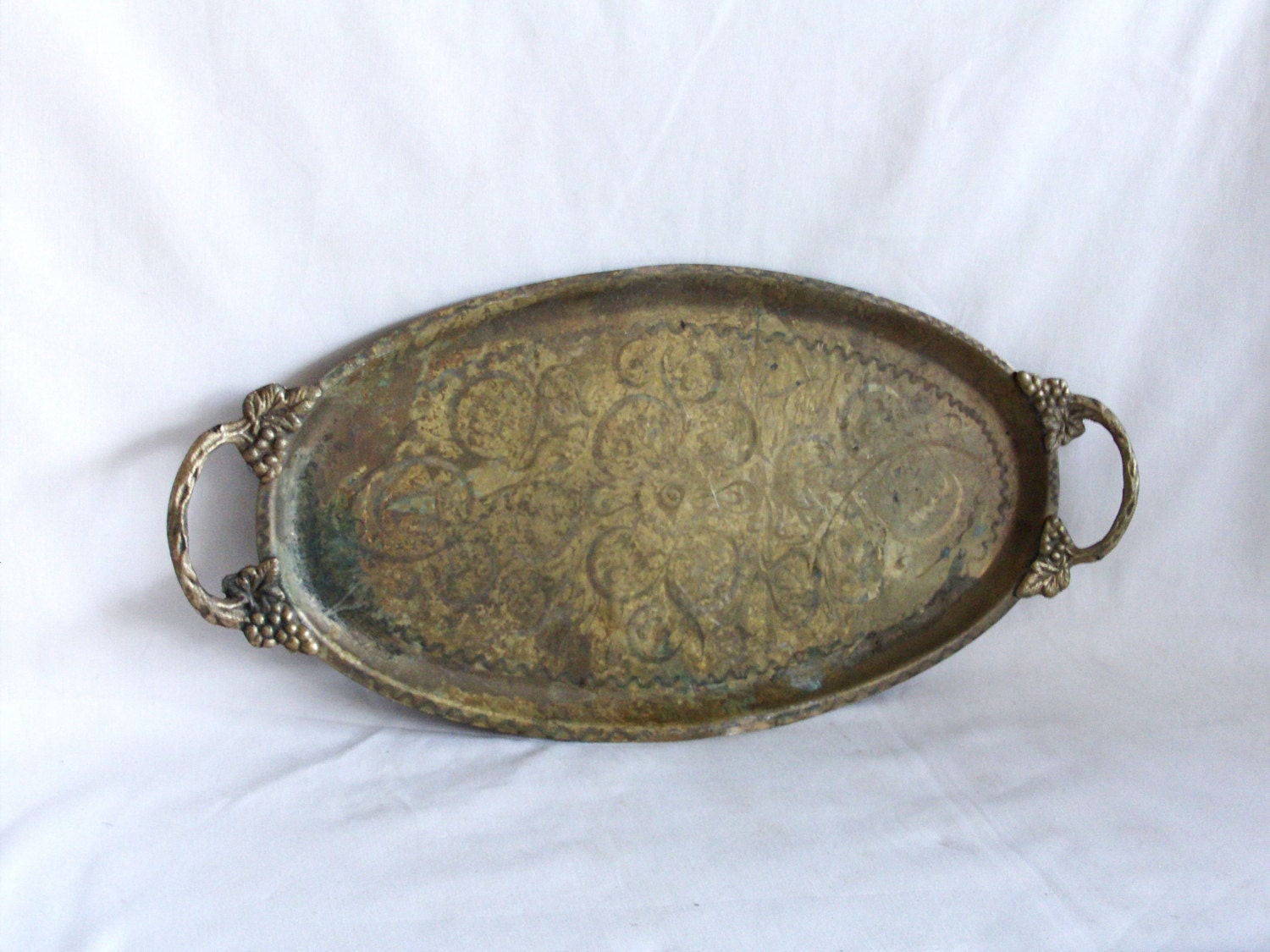 Rustic vintage brass serving tray etched ornate by