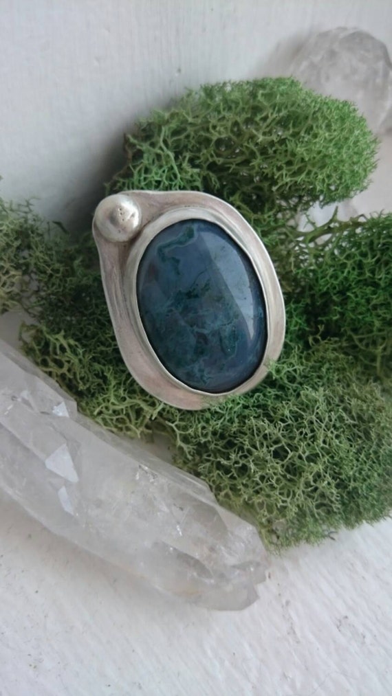 Blue Moss Agate oval stone with large silver by HoneysuckleSilver
