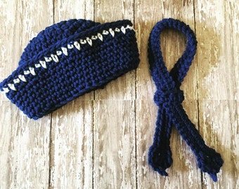 Crochet Sailor Hat & Scarf Set - Boy Photo Prop - Boy Halloween Costume - Newborn Photo Prop - Navy Sailor - Made to Order