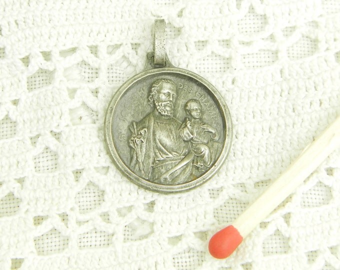 Vintage French Religious Silver Medal Saint Joseph and Baby Jesus / Christian / Religion Charm Journey / Catholic / Catholic / Church