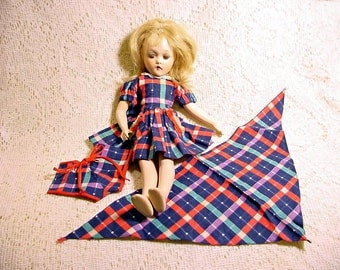 Molly'es Doll Outfitters 3 Piece Plaid Doll Dress Fits 13" Wendy Ann or 12" Shirley Temple Doll Circa 1930s Vintage Doll Clothes