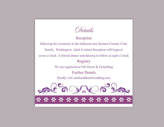 DIY Wedding Details Card Template Editable Text Word File Download Printable Details Card Eggplant Details Card Elegant Information Cards