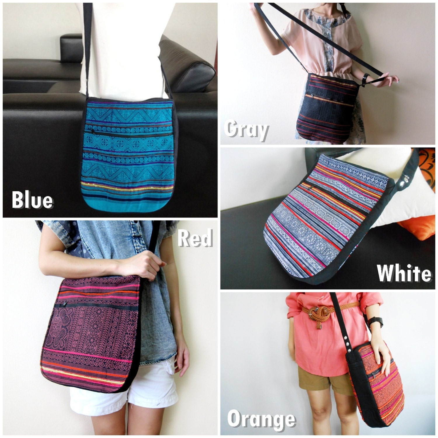 Handmade Messenger Bag Cross-body Bag fabric by Hmong