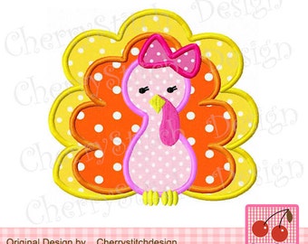 Thanksgiving Turkey Girl Applique TH0007,Turkey Digital Applique Design -4x4 5x7 6x10-Machine Embroidery Applique Design
