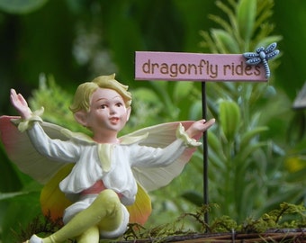 Fairy garden sign - dragonfly rides miniature light pink handmade sign