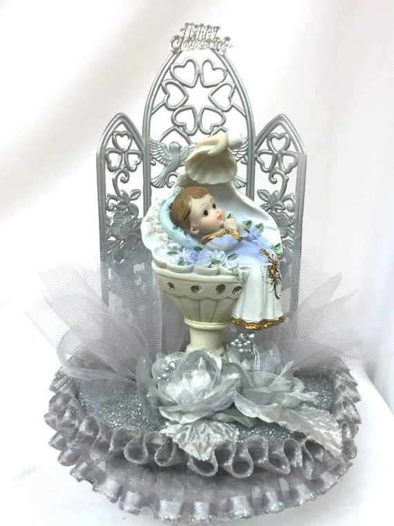 Blue Baby Boy Christening Centerpiece Cake Topper Decoration