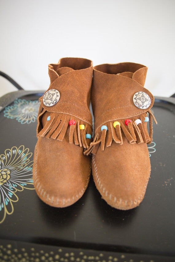LEATHER MOCCASINS Beaded FRINGE shoes Hippie Tan Suede