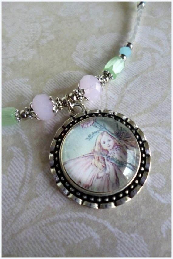 Items similar to Flower Fairy Beaded Pendant Necklace in Pink, Mint