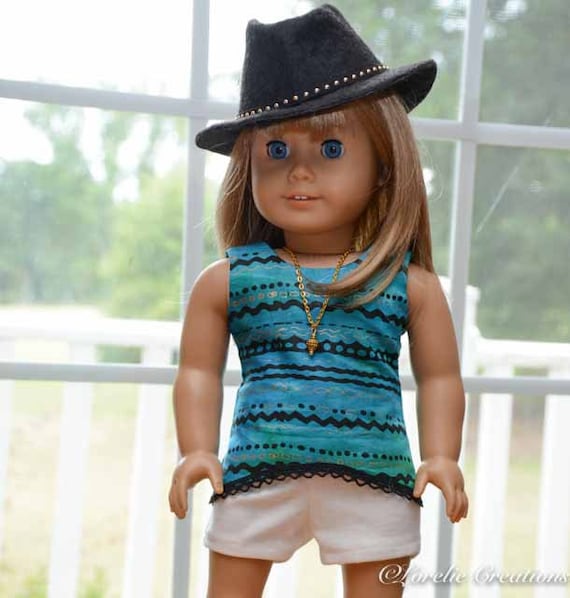 TANK Tee Top in Turquoise, Black and Gold Print with NECKLACE Shorts, HAT and Sandals Shoes Options for American Girl or 18" Doll